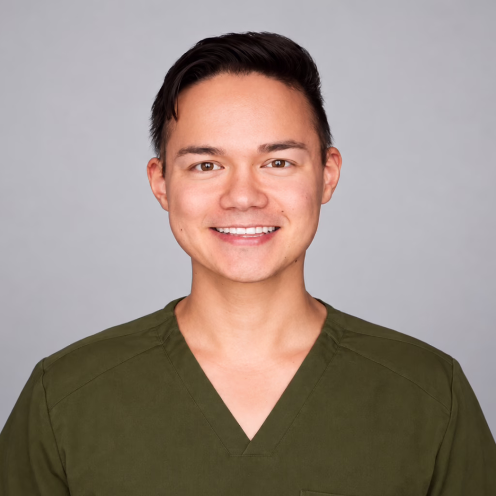 Portrait of a smiling man in olive green scrubs against a gray studio backdrop.